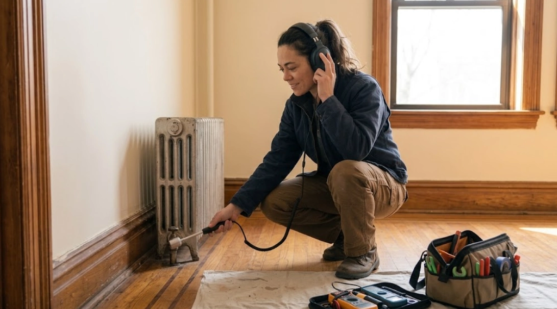 Plumber using specialized acoustic equipment to locate a hidden water leak