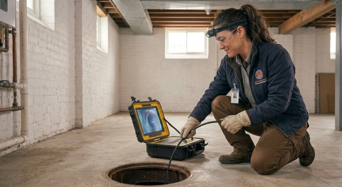 Technician reviewing the interior of a sewer line using a high definition drain camera